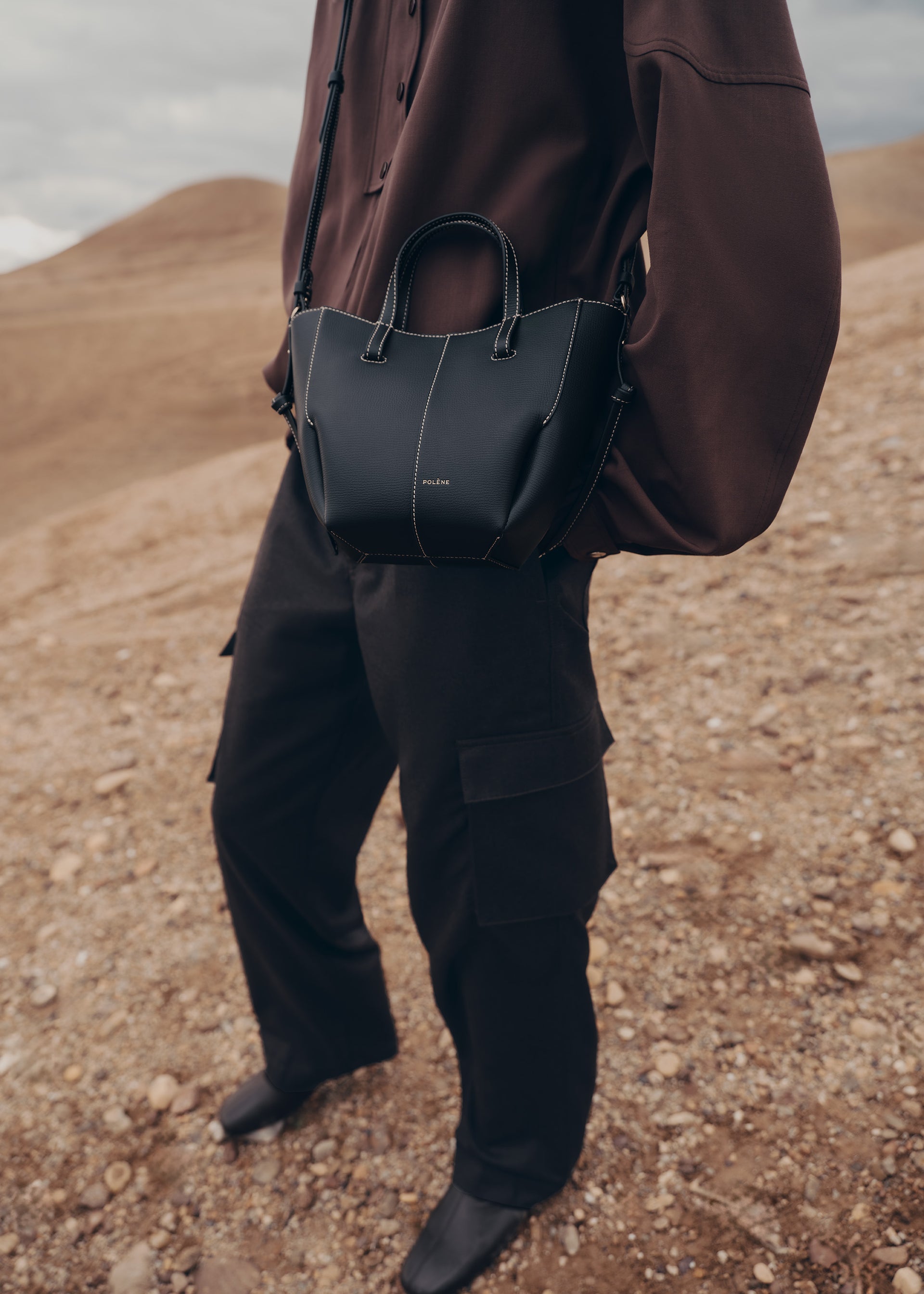 Cyme Tote Nano - Nero Granulata Cuciture Écru